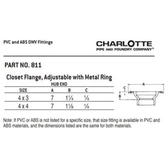 Charlotte Pipe 03117 4 Closet Flange (w/Metal Ring) - Hub x Hub - ABS DWV