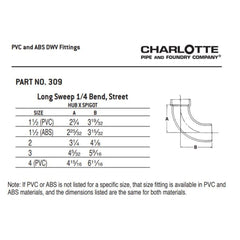 Charlotte Pipe 03389 4 1/4 Bend - 90 Deg - Elbow (Long Sweep Street) - Hub x Hub - PVC DWV