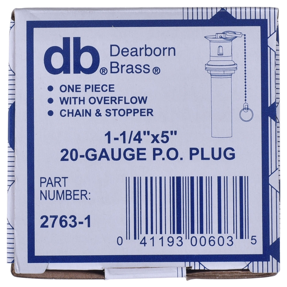 Dearborn 2763-1 Patent Overflow Plug 1-1/4 x 5 20 Gauge Chrome Plated Brass