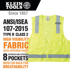 Klein Tools 60269 Safety Vest, M/L, Hi-Viz Yellow, Polyester, ANSI Class: Type R Class 2