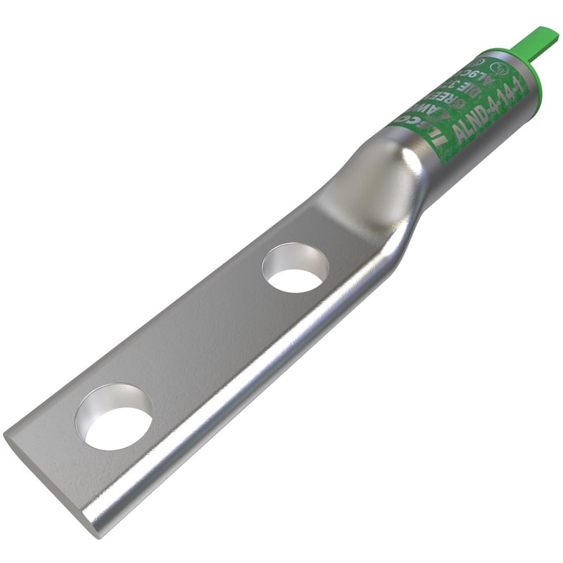 ILSCO ALND-4-14-1 Surecrimp Aluminum Compression Lug, Conductor Size 4, 2 Holes, 1/4IN Bolt Size, 1IN Hole Spacing, Long Barrel