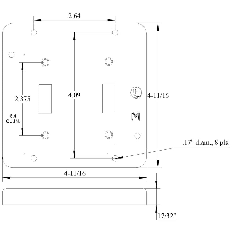 Mulberry 11510 4 11/16IN Square, 1/2IN Raised Cover, 2 Toggle Switch