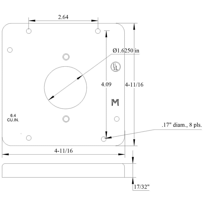 Mulberry 11521 4 11/16IN Square, 1/2IN Raised Cover, 20 Amp TL Receptacle