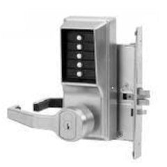 KABA L8146M-26D-41 Mechanical Pushbutton Lock, Mortise, Left Hand, LFIC Medeco 5 or 6-Pin, Combination Entry/Key Override/Passage/Lockout, Satin Chrome, With Lever
