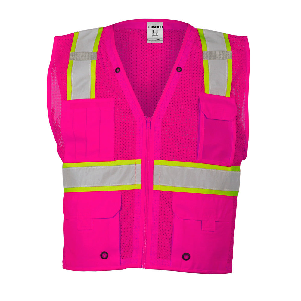 Kishigo B107LXL L/XL Pink Enhanced Visibility Multi-Pocket Mesh Vest