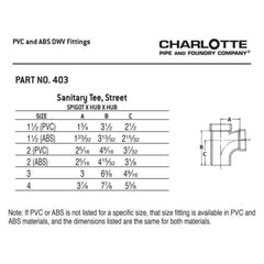 Charlotte Pipe 03479 1-1/2 Sanitary Tee (Street) - Ftg x Hub x Hub - PVC DWV