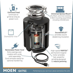 Moen GXS75C GT Series 3/4 HP Continuous Feed Garbage Disposal