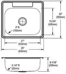 Dayton DSE125223 Kitchen Sink 25 x 22 x 8 Single Bowl Drop-In Sink