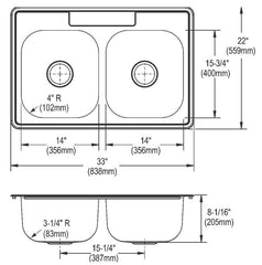 Dayton DSE233223 Drop-In Sink 33 x 22 x 8 with 3 Holes