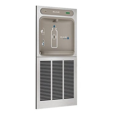 Elkay LZWSM8C Bottle Filling Station Filtered Stainless Steel 20 x 26 Inch Wall Mount 115 Volt 60 Hertz 1 Amp Antimicrobial Green Ticker Laminar Flow Real Drain Visual Filter Monitor