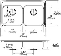 Elkay LRAD3319654 Lustertone Classic Stainless Steel 33 x 19-1/2 x 6-1/2 4-Hole Equal Double Bowl Drop-In ADA Sink