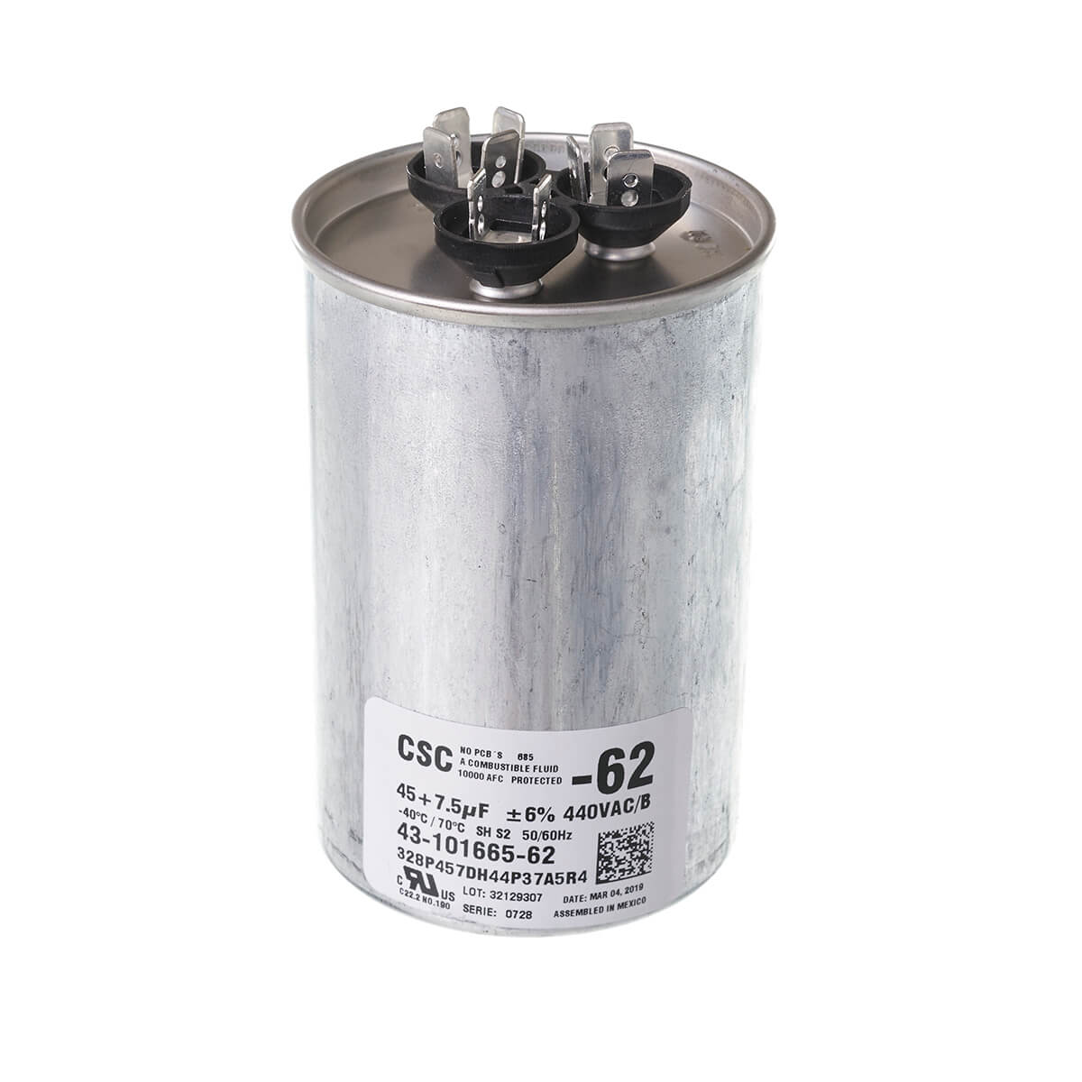 Rheem 43-101665-62 Dual Round Capacitor, 440 Vac, 45 uF, 7.5 uF