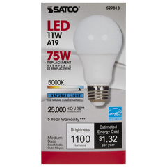 Satco S29813 11 Watt A19 LED 5000K Medium Base 220 Beam Angle 120 Volt