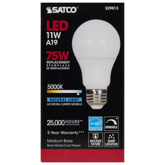 Satco S29813 11 Watt A19 LED 5000K Medium Base 220 Beam Angle 120 Volt