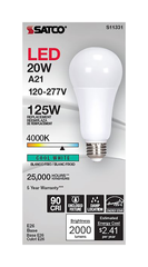 Satco S11331 20 Watt A21 LED 4000K Medium Base 220 Degree Beam Angle 120-277 Volt