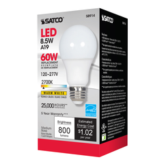 Satco S8914 A19 LED 8.5W 120-277 Volts Medium Base 2700K