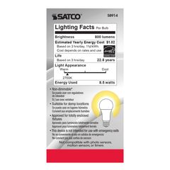 Satco S8914 A19 LED 8.5W 120-277 Volts Medium Base 2700K