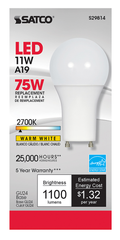 Satco S29814 11 Watt A19 LED 2700K GU24 Base 220 Degree Beam Spread 120 Volts