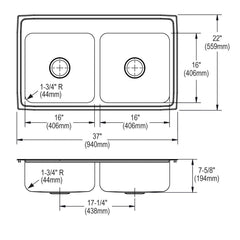 Elkay LR37224 Lustertone Classic Stainless Steel 37 x 22 x 7-5/8 4-Hole Equal Double Bowl Drop-in Sink