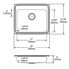 Elkay LRADQ2521501 Lustertone Classic Stainless Steel Drop-In Sink 25 x 21-1/4 x 5