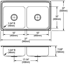Elkay LR37223 Lustertone Classic Stainless Steel 37 x 22 x 7-5/8, 3-Hole Equal Double Bowl Drop-in Sink