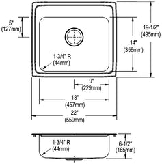 Elkay LRAD2219651 Lustertone Classic Stainless Steel 22 x 19-1/2 x 6-1/2 Single Bowl Drop-in ADA Sink