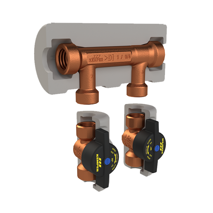 Kemper 6510605000 Flow-Splitter 2 Main x 1 Loop FPT with 1/4 Turn Stop Valves
