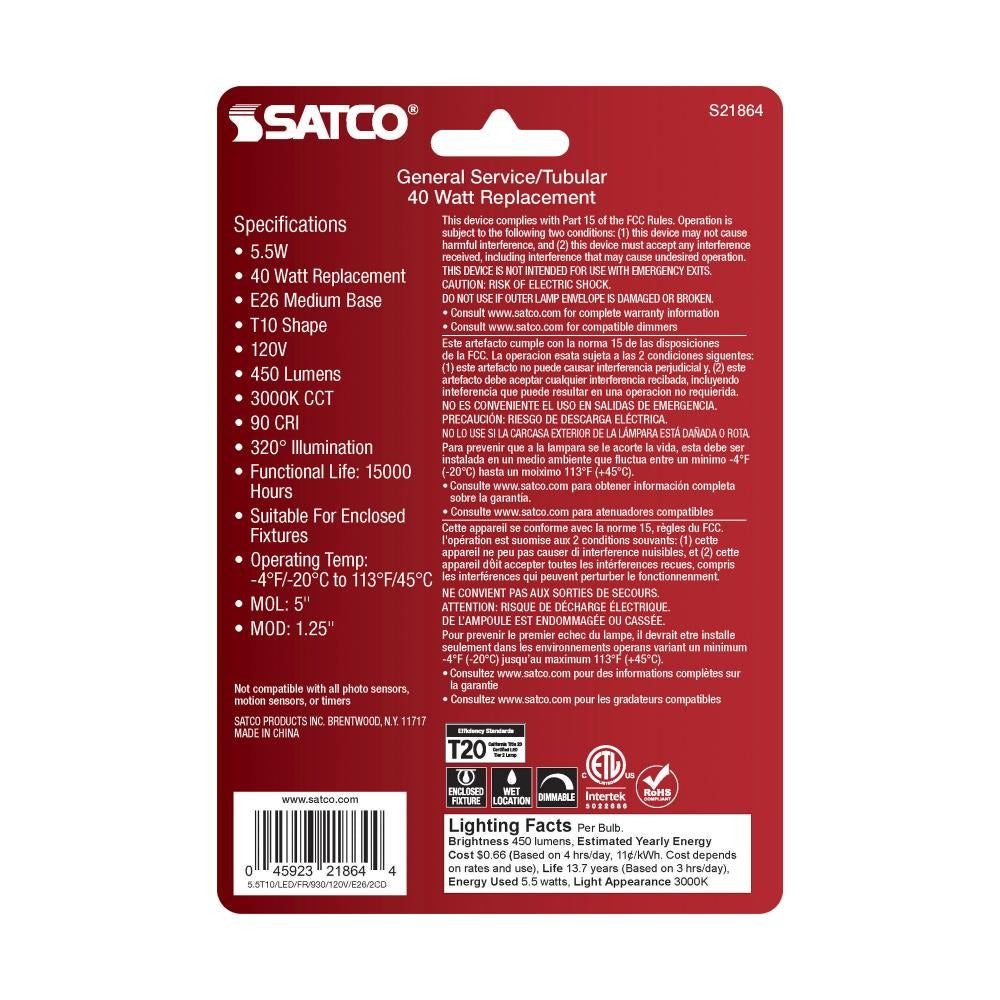 SATCO Satco S21864 5.5-Watt T10 LED (2-Pack)