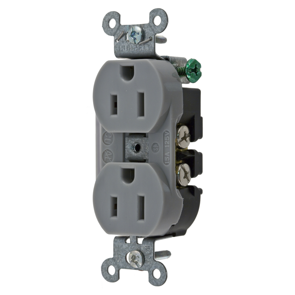 Hubbell 5252AG Receptacle, DUP SB, HUBPRO, 15A 125V, SF, GY