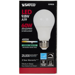 Satco S29838 A19 LED 9.8 Watt 4000K Medium Base 220 Beam Angle