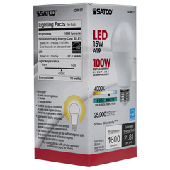 Satco S29817 15 Watt A19 LED Frosted 4000K Medium base 220 deg. Beam Angle 120 Volt