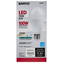 Satco S29817 15 Watt A19 LED Frosted 4000K Medium base 220 deg. Beam Angle 120 Volt