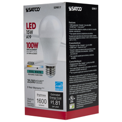 Satco S29817 15 Watt A19 LED Frosted 4000K Medium base 220 deg. Beam Angle 120 Volt