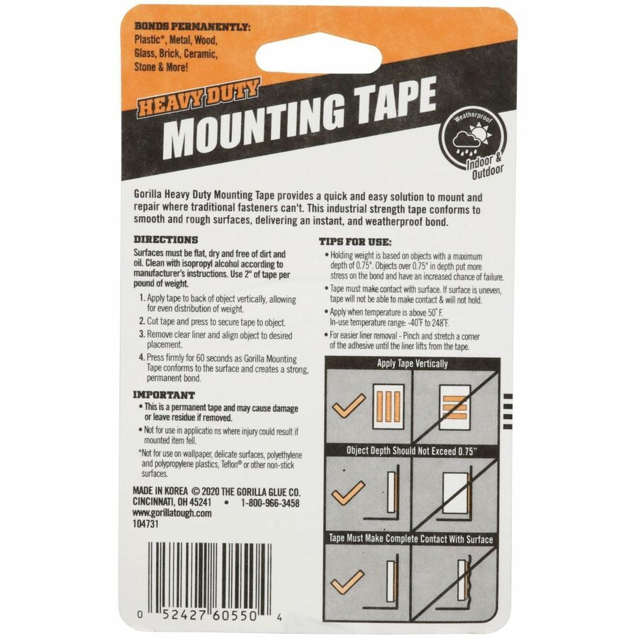 GORILLA Gorilla GOR6055002 Heavy Duty Mounting Tape (1 in x 60 in / 1 Each)