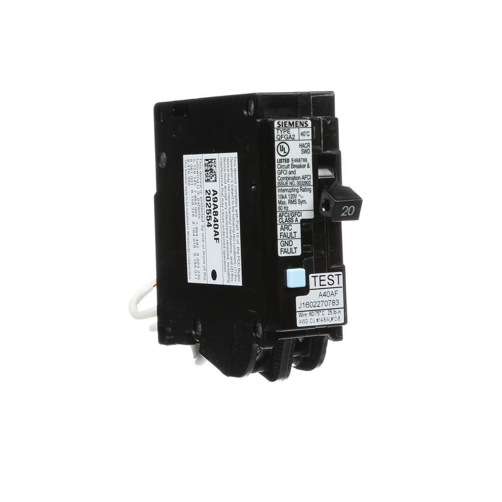 Siemens Q120DFWG 1-Pole 20 Amp 120 VAC 10 kA Wire Guide Dual Function Arc Fault/Ground Fault Circuit Breaker