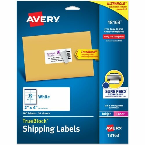 AVERY Avery AVE18163 Shipping Labels 2x4 in White 100 Pack