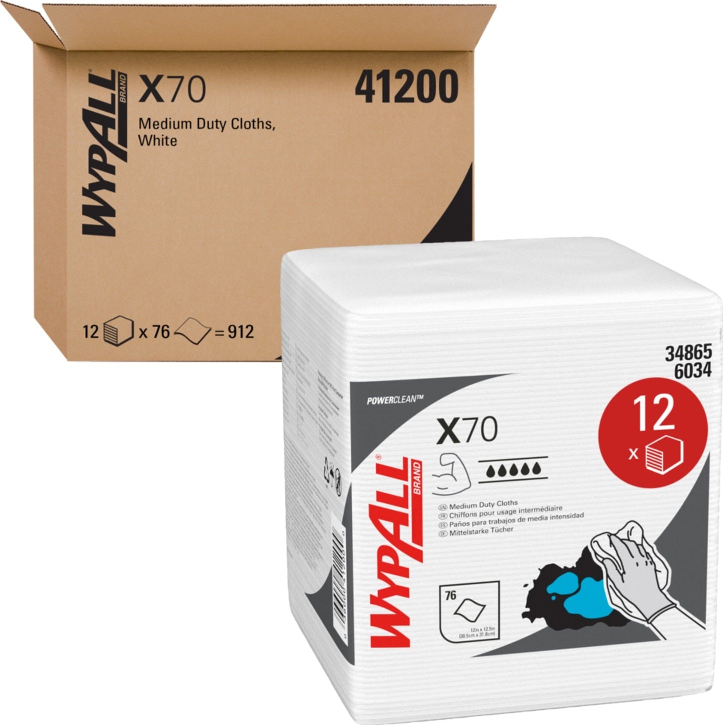 KIMBERLY-CLARK Kimberly-Clark KCC41200 WypAll PowerClean X70 medium duty cloths 12.5 x 12 12 packs/carton KCC41200