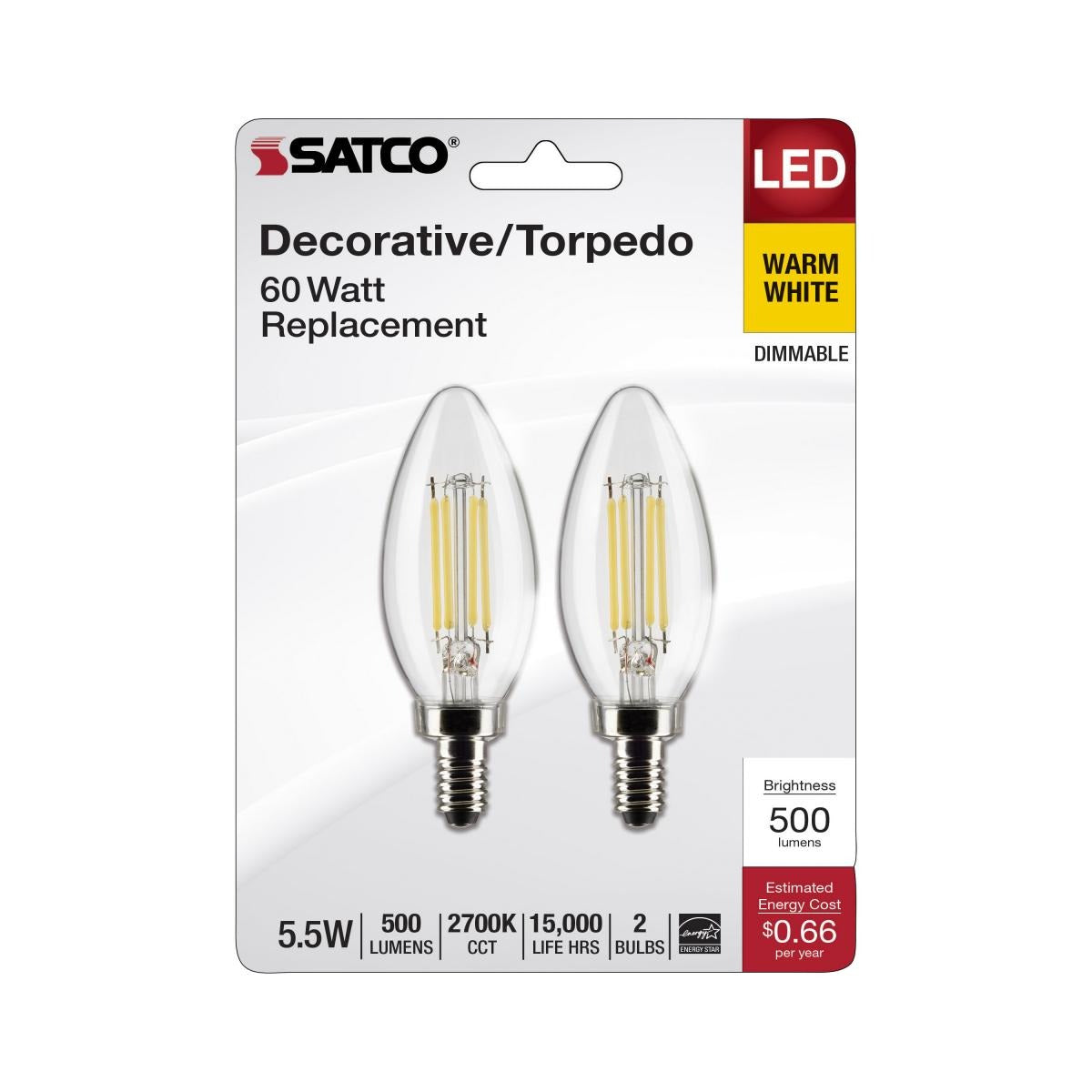 SATCO-NUVO Satco-Nuvo S21827 B11 LED Filament Bulb 5.5W (2-Pack)
