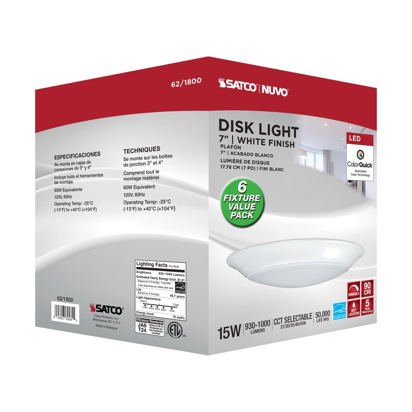 SATCO-NUVO Satco-Nuvo 62-1800 7in LED Disk Light 15W (7.42 in / 6-Pack)