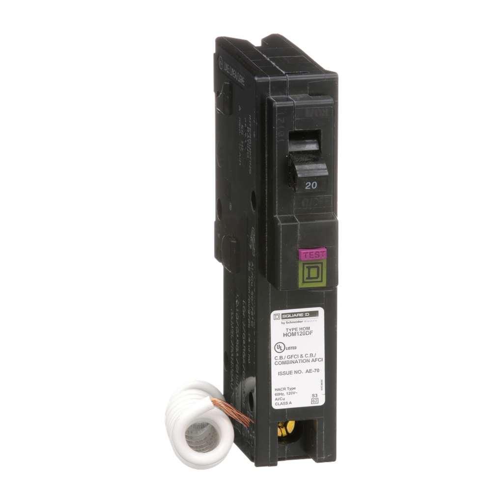 Square D HOM120DF 1-Pole 20 Amp 120 Volt Plug-On Thermal Magnetic Miniature Circuit Breaker