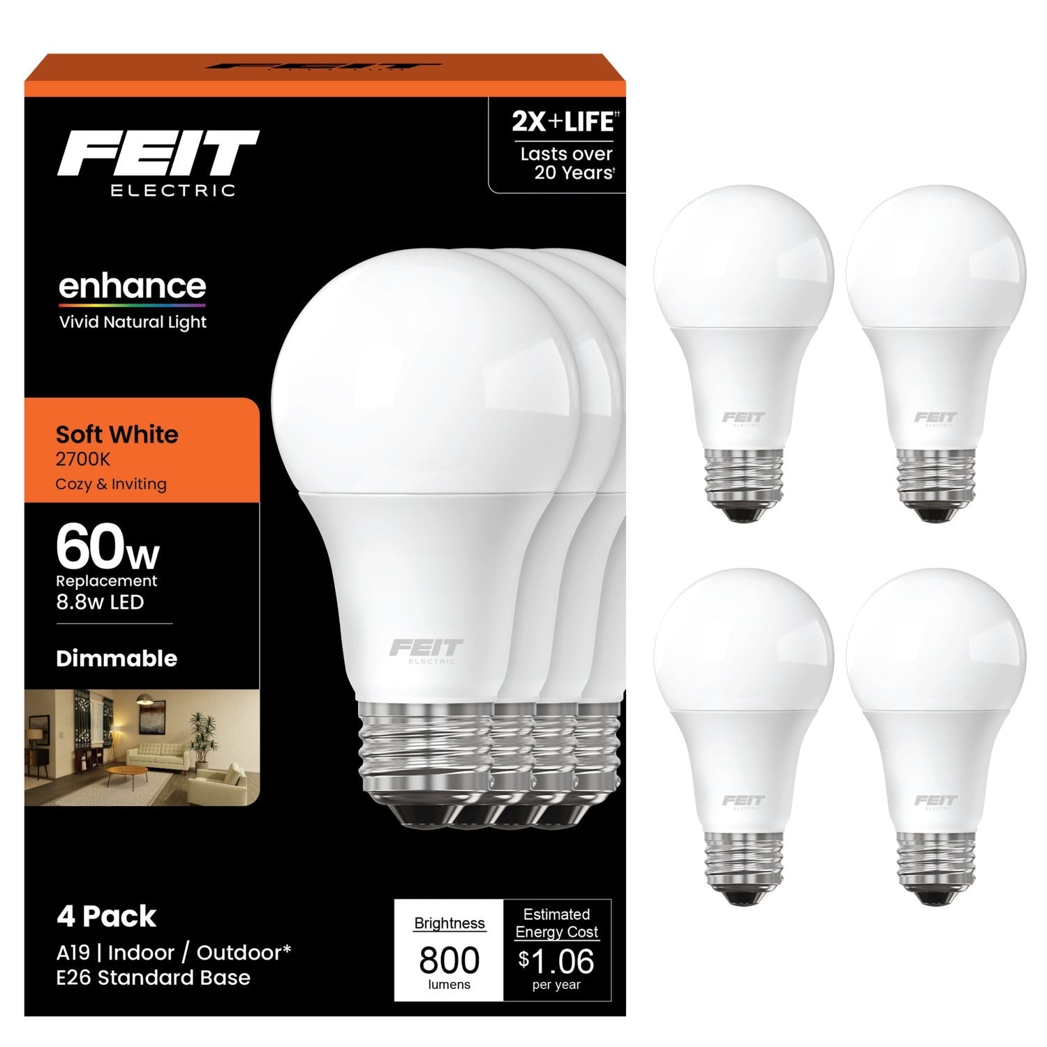 FEIT ELECTRIC Feit Electric OM60DM/927CA/4 A19 LED Bulb 8.8W (60W Equivalent / A19/E26) OM60DM/927CA/4