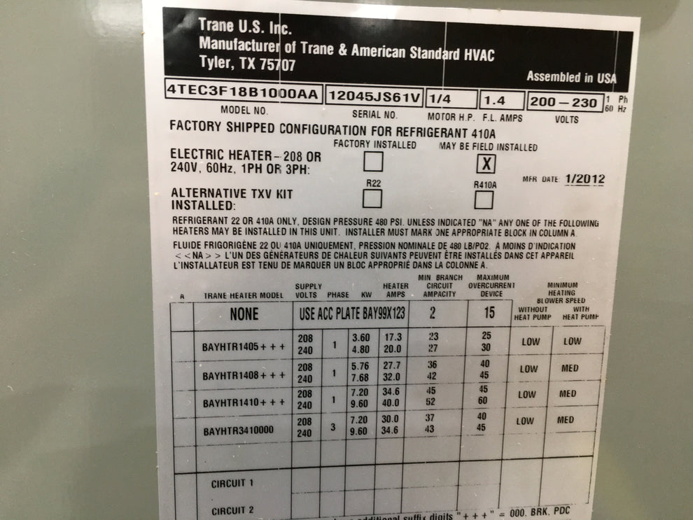 TRANE TRANE 4TEC3F18B1000A Multiposition Fan Coil Variable Speed 1.5 Ton 208-230