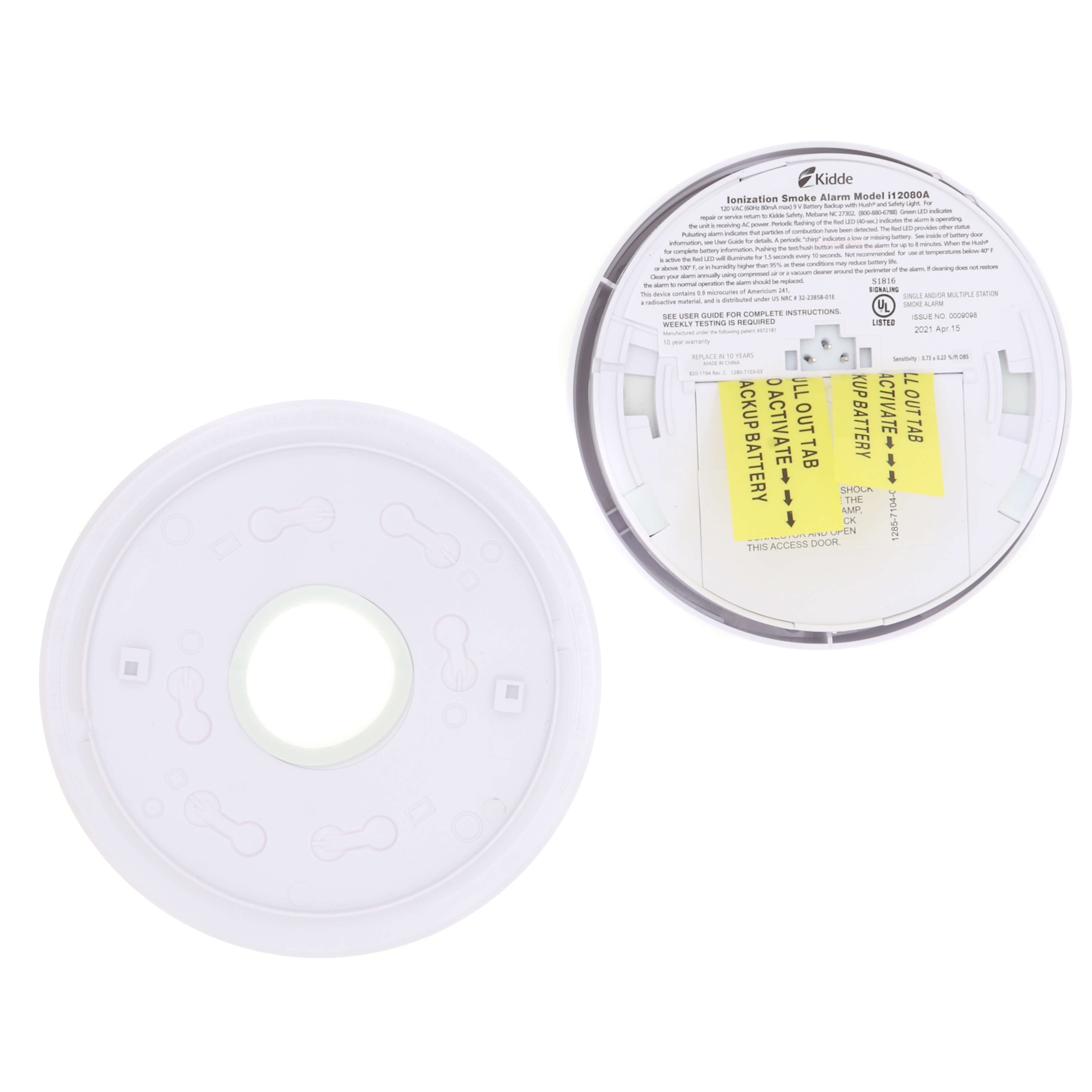 Kidde 21006379 i12080 Hard-Wired Interconnect Ionization Smoke Alarm 120V with Safety Light and 9V Battery Backup