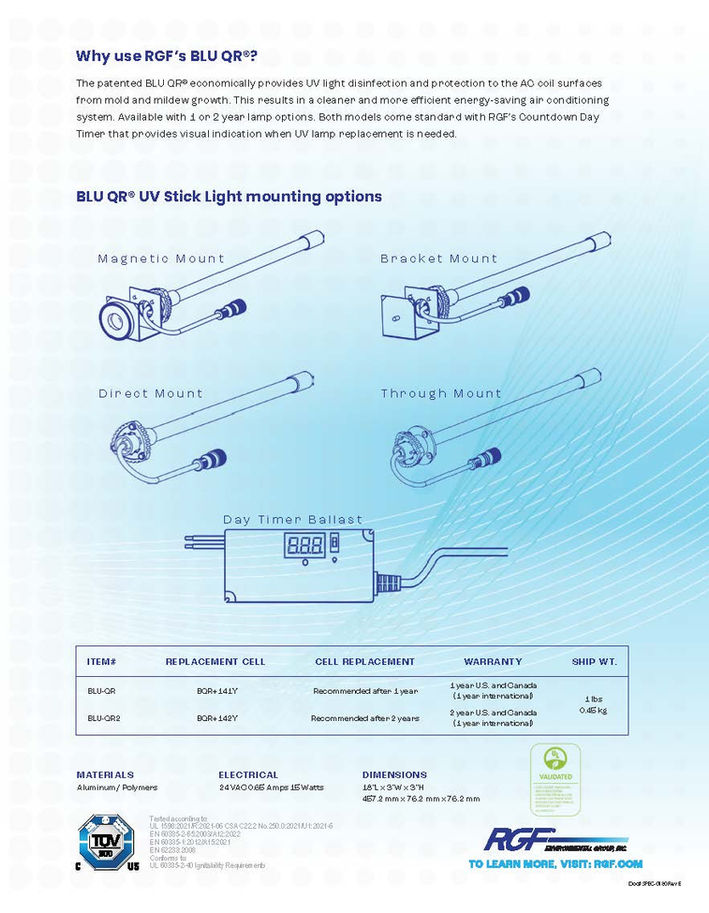 RGF HVAC-BLU-QR UV LIGHTS