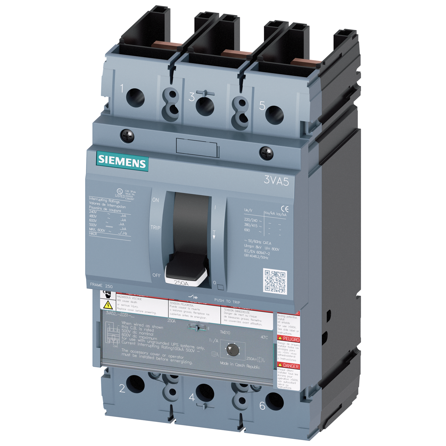 Siemens 3VA5217-5ED61-0AA0 Molded Case Circuit Breaker, 690 VAC/500 VDC, 250 A, 35 kA Interrupt, 2 Poles, Thermal/Magnetic Trip