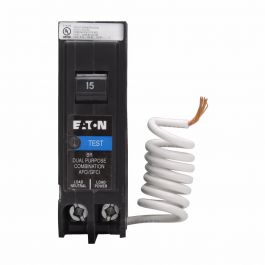 EATON BRN115DF Type BR Arc Fault / Ground Fault Circuit Breaker, Pigtail Neutral, 120 VAC, 15 Amp, 10 kAIC, 1-Pole