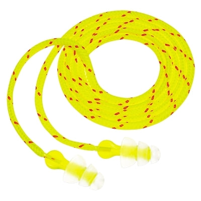 3M 7000052724 Tri-Flange Earplugs Elastomeric Polymer Clear Cloth Cord 100 Pairs/Box