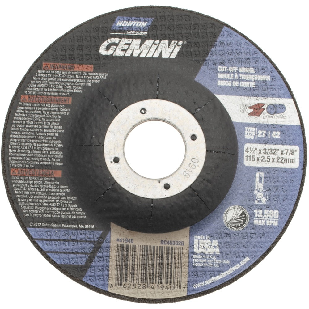NORTON Norton 66252841940 Type 27 Grinding Wheel 4.5in 36 Grit