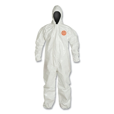 DuPont SL127TWHLG000600 Tychem 4000 Coverall Taped Seams Attached Hood Elastic Wrists Ankles Zipper Front Storm Flap White Large