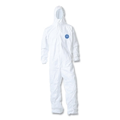 DuPont TY127SWHLG002500 Tyvek 400 Coverall, Serged Seams, Attached Hood, Elastic Waist, Wrist and Ankle, Front Zip, Storm Flap, White, Large